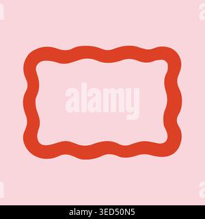 Hand drawn rectangular frame with thick red wavy border on pink background. Minimalist vector doodle border for playful kids posters and bright Stock Vector