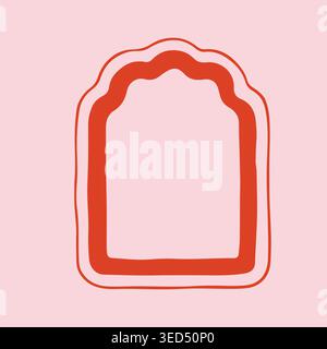 Minimalist arched frame with wavy top edge and triple outline in red and pink colors. Creative vector doodle border for unique architectural labels Stock Vector