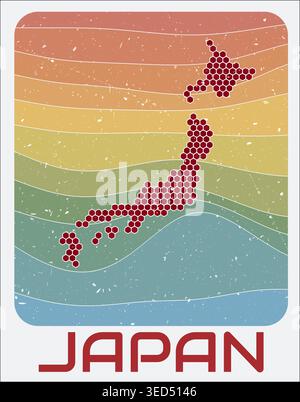 Japan vintage logo. Hexagon dots shape of the country on retro colored stripe waves background. Japan map design with grunge scratch texture. Stock Vector
