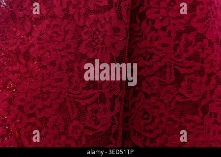 Elegant Close-up Red Lace Fabric Floral Pattern Detailed Texture Stock Photo