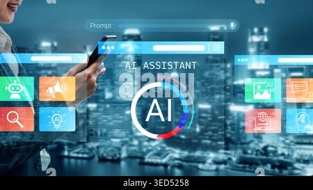 Innovative Digital Interface with AI Assistant Concept Over Cityscape Background, Featuring User Interacting with Modern Technology and Smart Stock Photo