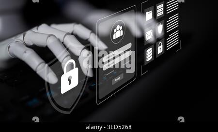 A robotic hand interacts with a digital cybersecurity interface, emphasizing technology and security in online environments, showcasing the concept of Stock Photo
