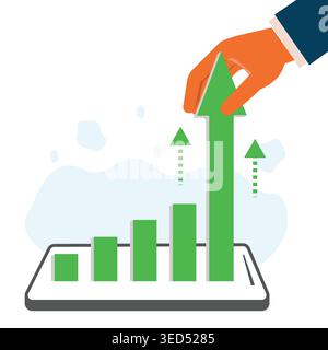 Flat illustration of a hand boosting a bar chart upward, symbolizing business growth, performance improvement, strategy, and financial success. Stock Vector