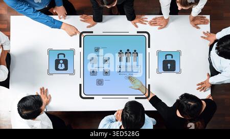 Business Team Collaboration on Cybersecurity Strategies with Digital Interface Display Showing Data Protection and Access Control Concepts Gluon. Stock Photo