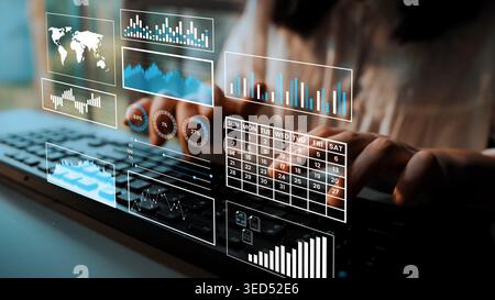 Close-up Image of Hands typing on a Keyboard with Digital Data Visualizations and Graphs Floating Above in a Modern Office Setting Gluon. Stock Photo