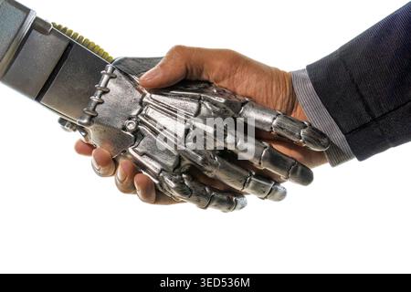 Close-up of a businessman shaking hands with a metallic robotic hand against a white background. Artificial intelligence, human-machine collaboration, Stock Photo