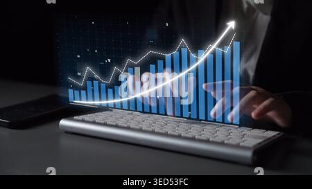 This image features a dynamic analysis of financial data with a focus on business growth trends, highlighting the importance of analytics in decision Stock Photo