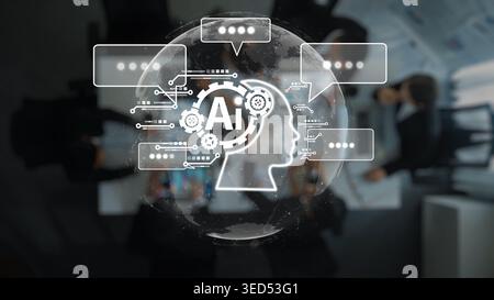 Artistic illustration depicting artificial intelligence in a collaborative business setting, highlighting communication and innovative solutions among Stock Photo