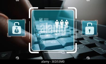 Cybersecurity Concept with Data Protection, Lock Symbols, User Icons, and Keyboard Background for Digital Security and Privacy Themes Gluon. Stock Photo