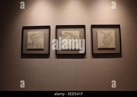 Three framed minimalist abstract line art drawings hung as a triptych on a textured wall. Stock Photo