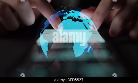 Global network connection visualization showing data exchange, digital link, worldwide communication. Global data flow and digital network Stock Photo