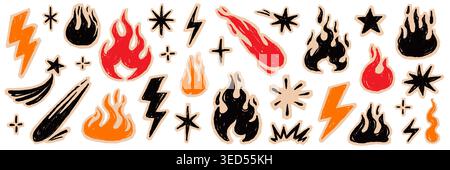 Fire flame icon doodle set. Hand drawn fire flame brush scribble grunge chalk texture shape graphic. Lightning bolt explosion energy blast power sticker rock burst. Vector illustration Stock Vector
