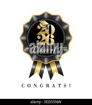 Class of 2026, 3D badge icon design. Creative graduation icon with 3D rosette and numbers 2026 with academic hat. Vector illustration Stock Vector