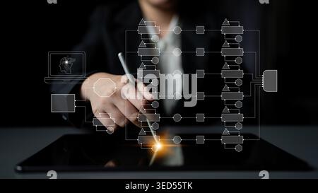 Business Professional Using Digital Tablet for Workflow Visualization and Data Analysis in Modern Office Environment with Flowchart Graphics Quark. Stock Photo