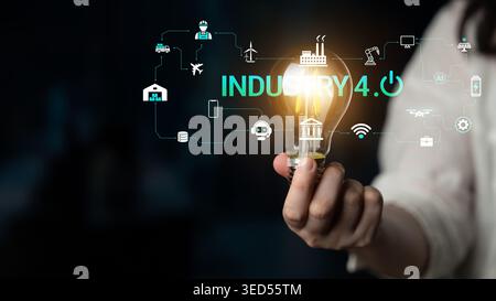 Innovative Concept of Industry 4.0 with Light Bulb Symbolizing Ideas and Technology in Modern Industrial Environment Haptic. Stock Photo