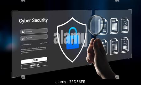 This image illustrates the concept of cyber security, showcasing a digital lock and magnifying glass, highlighting the importance of online safety and Stock Photo