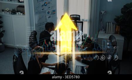 A dynamic business meeting in a modern office where professionals collaborate over data analytics. The overlay chart symbolizes growth and success in Stock Photo