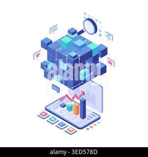 Isometric Social Media Data Analytics and Digital Marketing Strategy. Social Media Data Analytics Concept Stock Vector