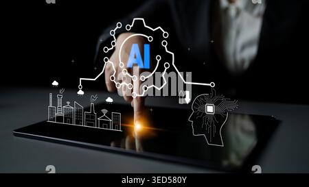Human Hand Touching Tablet Screen with AI Integration and Digital Data Representations in a Technological Environment Quark. Stock Photo