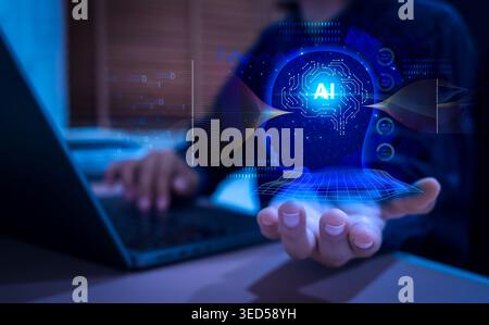 AI assistant interface with human hand using laptop, digital brain hologram and data flow. Artificial intelligence coding, automation, software develo Stock Photo