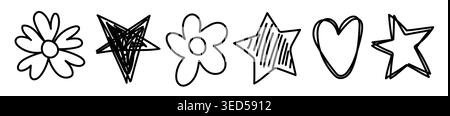 Hand Drawn Flower Star and Heart Doodle Icon Set Stock Vector