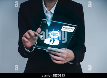 Businessman using AI chatbot interface on virtual screen. Customer support automation, help desk service, digital assistant, artificial intelligence c Stock Photo