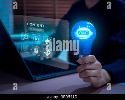 AI powered content creation and marketing automation concept with chatbot lightbulb and digital interface. AI smart generating content, strategy plann Stock Photo