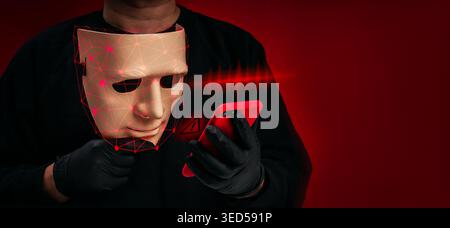Deepfake identity concept with masked face and facial recognition overlay using smartphone. AI fraud, digital impersonation, voice scam, identity thef Stock Photo