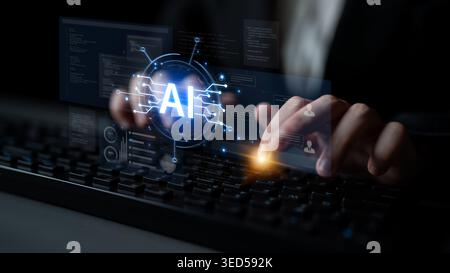 Futuristic software development concept featuring AI pair programmer, automated AI code generation, and real-time AI debugging. Ideal for DevOps and Stock Photo