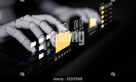 A robotic hand interacts with a digital keyboard, showcasing file organization and data management on a sleek interface. Experience the fusion of Stock Photo