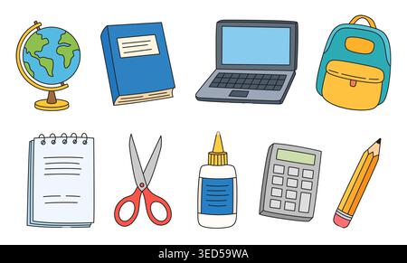 Hand drawn doodle stationary and student supplies items for classroom learning and education. Stock Vector