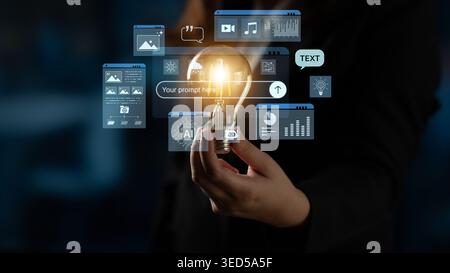 Prompt driven AI interface enabling text, image vision, audio and media video data neural asset and tool in smart creation chat workspace edit. Future Stock Photo