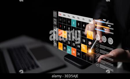 Innovative digital calendar displayed on a smartphone showcases advanced tasks and analytics, enhancing productivity and organization through modern Stock Photo