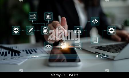 Digital Transformation Concept with Businessman Using Smartphone for Innovative Solutions and Artificial Intelligence in Modern Workspace Fluxor. Stock Photo