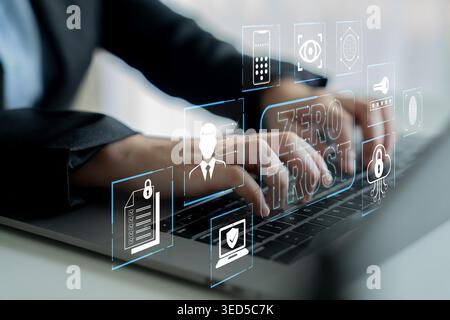 Focused Business Professional Typing on Laptop with Cybersecurity Icons Representing Zero Trust Concept in Modern Workspace Fluxor. Stock Photo