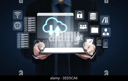 Cloud upload and download icon with surrounding data management, security, and analytics icons in digital interface Parse Stock Photo