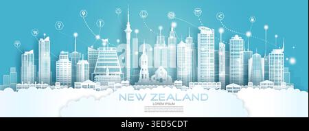 Technology wireless network communication smart city with icon in New Zealand at europe downtown skyscraper on blue background, Vector illustration fu Stock Vector