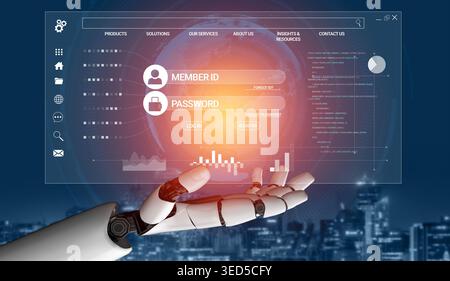 Futuristic robotic hand displaying a digital user interface with login details and data visualizations over a cityscape background Haptic. Stock Photo