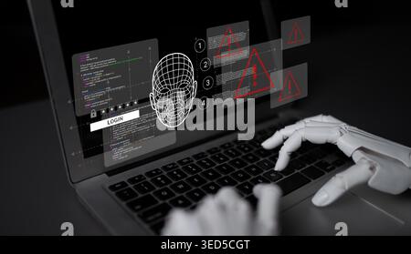 Futuristic technology concept showcasing robotic hands typing on a laptop with security alerts and facial recognition interface in a dimly lit Stock Photo