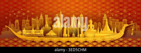 Travel landmarks Thailand traditional silhouette architecture and chinese pattern background, Thailand day anniversary celebration with golden traditi Stock Vector
