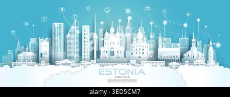 Technology wireless network communication smart city with icon in Estonia at europe downtown skyscraper on blue background, Vector illustration futuri Stock Vector
