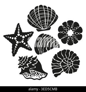 Set of vector icons in solid black style. Hand drawn marine set in boho style with shells, corals and starfish on white background with decorative ele Stock Vector