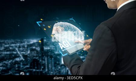 Businessman Using Tablet to Explore Artificial General Intelligence Concept in Futuristic Cityscape with Digital Brain Graphics Haptic. Stock Photo