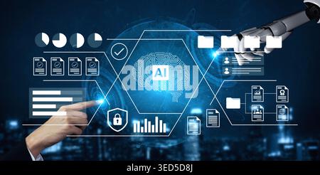 A digital workspace featuring artificial intelligence and robotic elements emphasizing data analysis, automation, and security in modern business Stock Photo