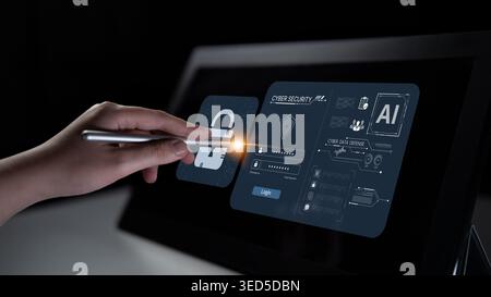 An AI-powered cybersecurity dashboard for cyber data defense. The system includes a secure login portal and provides advanced protection and Stock Photo