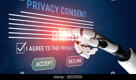 Robotic Hand Signing Privacy Consent with Accept and Decline Options on Digital Background for Technology and Data Protection Themes Haptic. Stock Photo