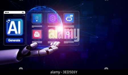 Futuristic robotic hand holding interface displaying AI-driven tools and applications for business, communication, analysis, and automation on a Stock Photo