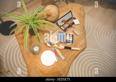 Various cosmetics products, brushes, and a plant displayed on a wooden table Stock Photo