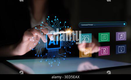 Engaging visual of AI technology interaction on a tablet, featuring a vibrant digital interface that showcases various application icons for modern Stock Photo