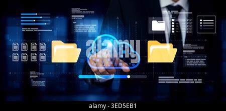 A businessman interacts with a virtual cloud storage interface, showcasing modern document management technology and digital communication in a Stock Photo